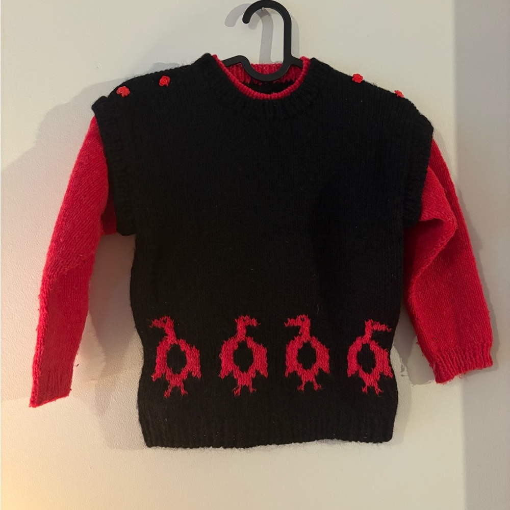 Vintage hand knit Black and Red Knit Sweater with Bird Pattern elephant buttons